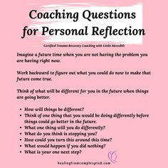 a pink poster with the words coaching questions for personal reflection written in black on it