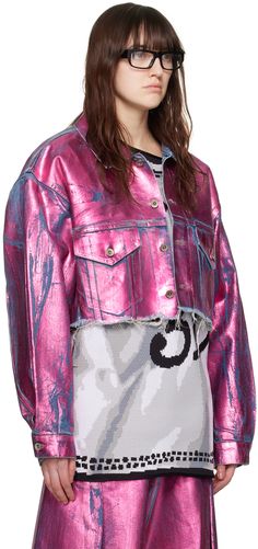 Indigo-dyed metallic foil-coated stretch denim jacket. Metallic thread detailing throughout. · Spread collar · Button closure · Logo flag at front · Flap pockets · Frayed edge at hem · Single-button barrel cuffs · Logo-engraved antiqued silver-tone hardware Supplier color: Pink Metallic Shirt, Coated Denim, Pink Foil, Pink Metallic, Painted Denim, Hoodie Coat, Indigo Dye, Metallic Foil, Printed Denim