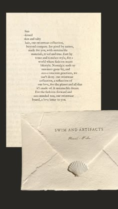 an open envelope with the words swim and artifacts on it