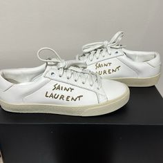 Ysl Skippy Sneakers With Gold Logo Stitching Worn Once/ Like *New* Box Included New Never Used Laces Included Dust Bag Included Ysl Sneakers, Saint Laurent Sneakers, Yves Saint Laurent Shoes, Saint Laurent Shoes, Gold Logo, Classic Leather, Leather Sneakers, Womens Shoes Sneakers, Yves Saint Laurent