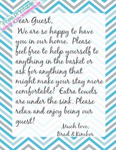 a blue and gray chevroned background with the words dear guest, we are happy to have you on our home please