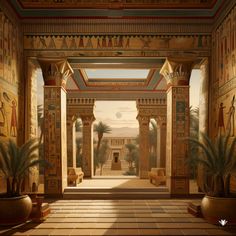 an egyptian style room with columns and paintings on the walls, palm trees in vases