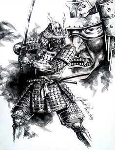 a black and white drawing of a man in armor