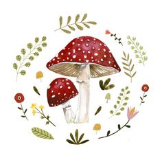 a watercolor painting of two mushrooms surrounded by leaves and flowers