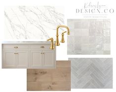 a kitchen with marble counter tops and gold faucets