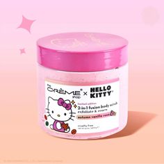 hello kitty body scrub is shown on a pink background