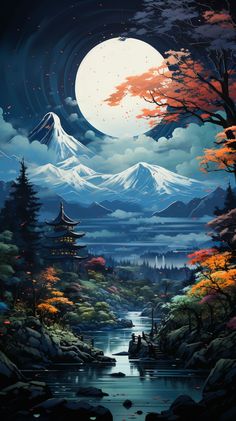 an image of a landscape with mountains and trees in the foreground, under a full moon