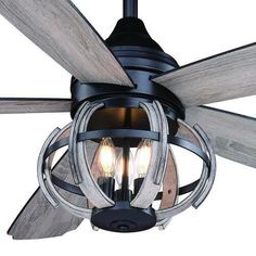 a ceiling fan with two light bulbs attached to the blade and wood blades on it