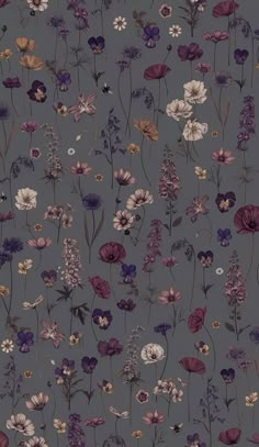 an image of a flower pattern on a gray wallpaper with purple and white flowers