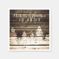 the rustic pine tree wedding coaster is shown on a white background with wood planks