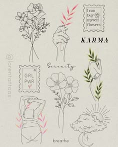 a drawing of flowers and stamps with the words karma written on them in cursive writing