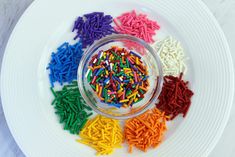 colorful sprinkles in a glass bowl on a white plate