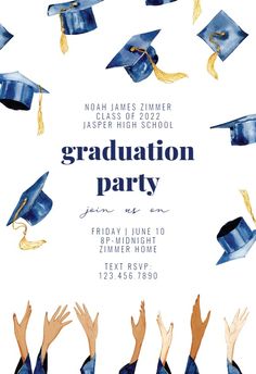 graduation party flyer with blue caps and gold tassels in the center, on a white background