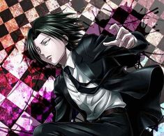 an anime character with black hair and white shirt, standing in front of a checkered background