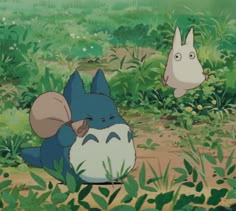 two cartoon characters sitting in the grass with plants and bushes around them, one is staring at another character