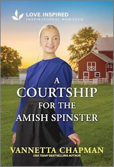 a woman standing in front of a red barn with the words courtship for the amish