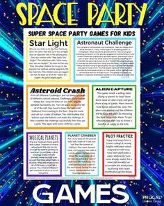 the space party game is shown in this poster