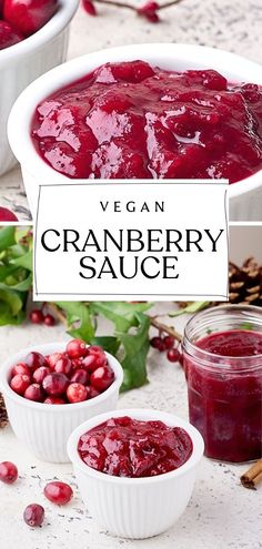 cranberry sauce in white bowls with text overlay that reads vegan cranberry sauce