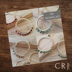 four pictures of different types of beaded hoop earrings on wooden table with instructions for how to make them