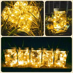 mason jars filled with fairy lights sitting on top of the ground in front of some grass