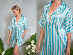 Vintage 90s Blue Striped nightgown lingerie midi  Oversize fit Buttons up the front Measurements- Estimated Size: Small/Medium/Large Bust: 42" Waist : 42" Hips: --- Length: 33" Sleeve: 11" Model is 5'9 and measures 32/25/34 Summer Nightgown For Pajama Party With Relaxed Fit, Relaxed Fit Summer Nightgown For Pajama Party, Green Summer Sleepwear For Pajama Party, Green Sleepwear For Summer Pajama Party, Green Summer Nightgown For Sleepover, Green Short Sleeve Summer Nightgown, Blue Nightgown For Spring Lounging, Spring Blue Nightgown For Lounging, Blue Spring Nightgown For Lounging