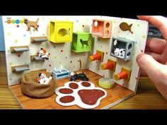 a hand holding up a small toy house with cats and dogs on the shelves,