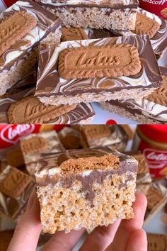 a person holding up a piece of cake in front of some candy bars and milkshakes