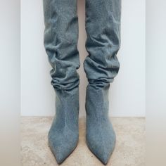 New With Tags Denim Blue Winter Boots, Casual Fitted Denim Blue Boots, Denim Boots For Winter, Fitted Denim Boots For Winter, Denim Blue Pointed Toe Denim Boots, Spring Denim Blue Denim Boots, Fitted Denim Casual Boots, Casual Denim Blue Pointed Toe Boots, Denim Blue Boots For Winter