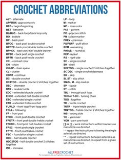 the words crochet abbreviations are in red, white and blue