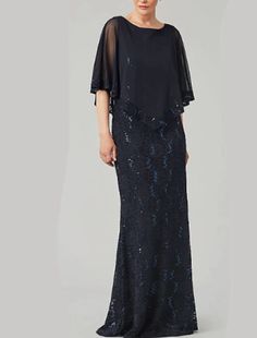 Sheath / Column Mother of the Bride Dress Wedding Guest Elegant & Luxurious Jewel Neck Floor Length Chiffon Half Sleeve with Lace Beading Embroidery Fall Sheer Capelet, Ladder Wedding, Dress Bird, Mob Dress, Beading Embroidery, Mother Of The Bride Dresses Long, Lace Beading, Mother Of Bride Outfits, Mother Of Groom Dresses