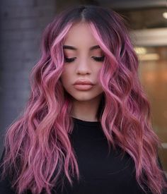 Brown To Color Balayage, Blonde Hair With Vivid Highlights, Dark Roots Colored Hair, Dark Root Pink Hair, Rooted Pink Hair, Dimensional Pink Hair, Healthy Hair Color Ideas, Pink Multicolor Hair, Pink Hair Makeup Ideas