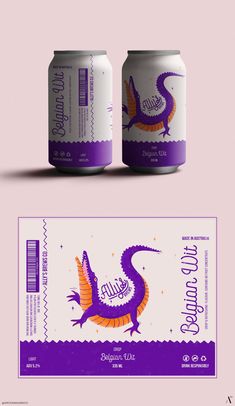 two cans of beer are next to each other on a pink and white background with an orange dragon