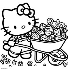 hello kitty pushing a wheelbarrow full of eggs and flowers coloring page for kids