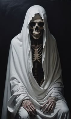 a skeleton wrapped in white cloth sitting on top of a chair