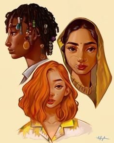 three people with different colored hair are depicted in this drawing, one is wearing a headscarf and the other has dreadlocks on her head