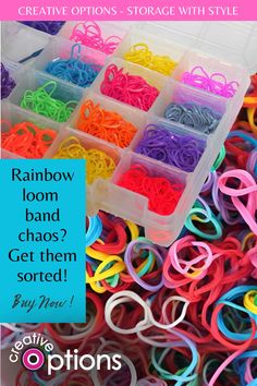 rainbow loom bracelets in plastic containers with text overlay