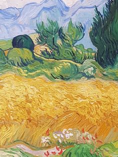 a painting of a field with trees and mountains in the background