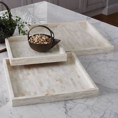 two serving trays with nuts on them sitting on a marble counter top next to a potted plant