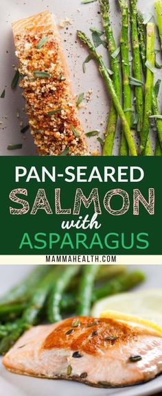 pan - seared salmon with asparagus on a white plate and green beans