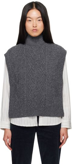 A.P.C. - Gray Cameron Vest Wool Vest, Knit Turtleneck, Outerwear Vest, Outerwear Women, A P, Cable Knit, Rib Knit, Apparel Accessories, Fashion Inspo