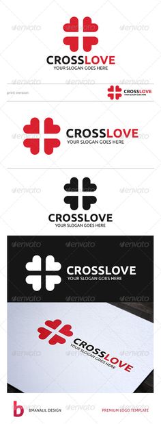 the cross love logo is shown in three different colors and font styles, including red, white