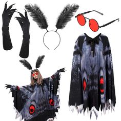 two costumes with red eyes and black feathers, one is wearing a costume that looks like a demon