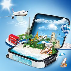 an open suitcase with the image of a beach and airplane flying over it on a blue background