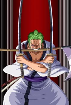 an anime character with green hair holding a bow and arrow