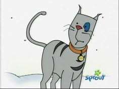 a cartoon cat is standing in the snow with its head turned to look like he's wearing a collar