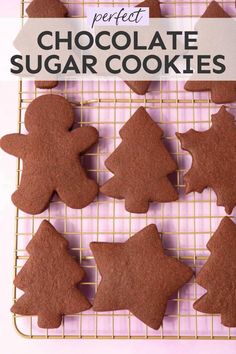 chocolate sugar cookies on a cooling rack with the words perfect chocolate sugar cookies above them