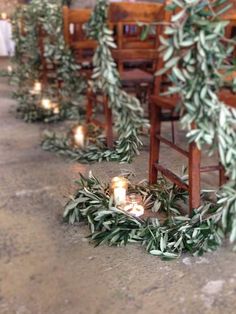 rows of wooden chairs with candles on them in front of an olive tree lined aisle