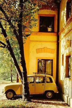 an old yellow car parked in front of a building with a tree next to it