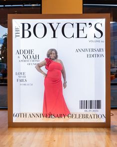 a woman in a red dress is on the cover of an advertisement for joyce's 50th anniversary celebration