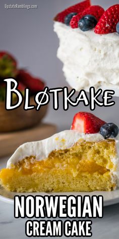 there is a slice of cake with berries on it and the words, blotkake norwegian cream cake